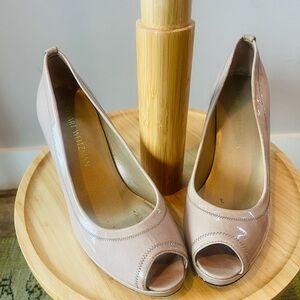 Stuart Weitzman Patent Leather Peep Toe Platform Heels Nude Size